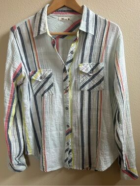 TRIS Lightweight Women's Button-Down Shirt — Pale Blue with Multicolor Stripes